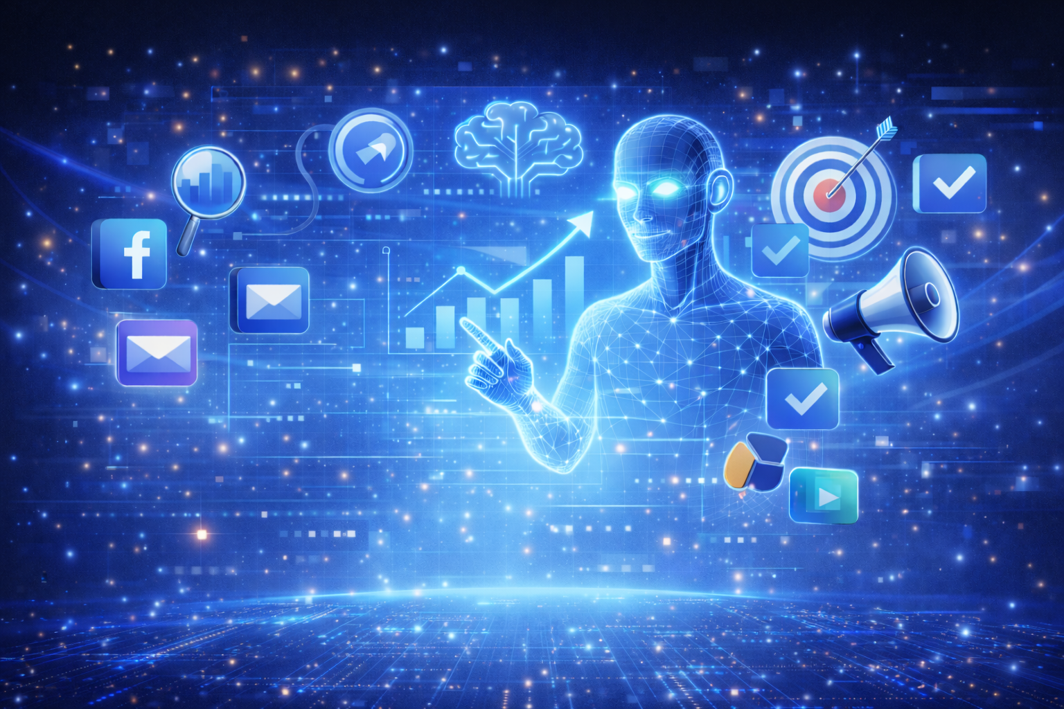 Futuristic AI illustration representing data driven marketing strategies used by a freelance digital marketer in Dubai