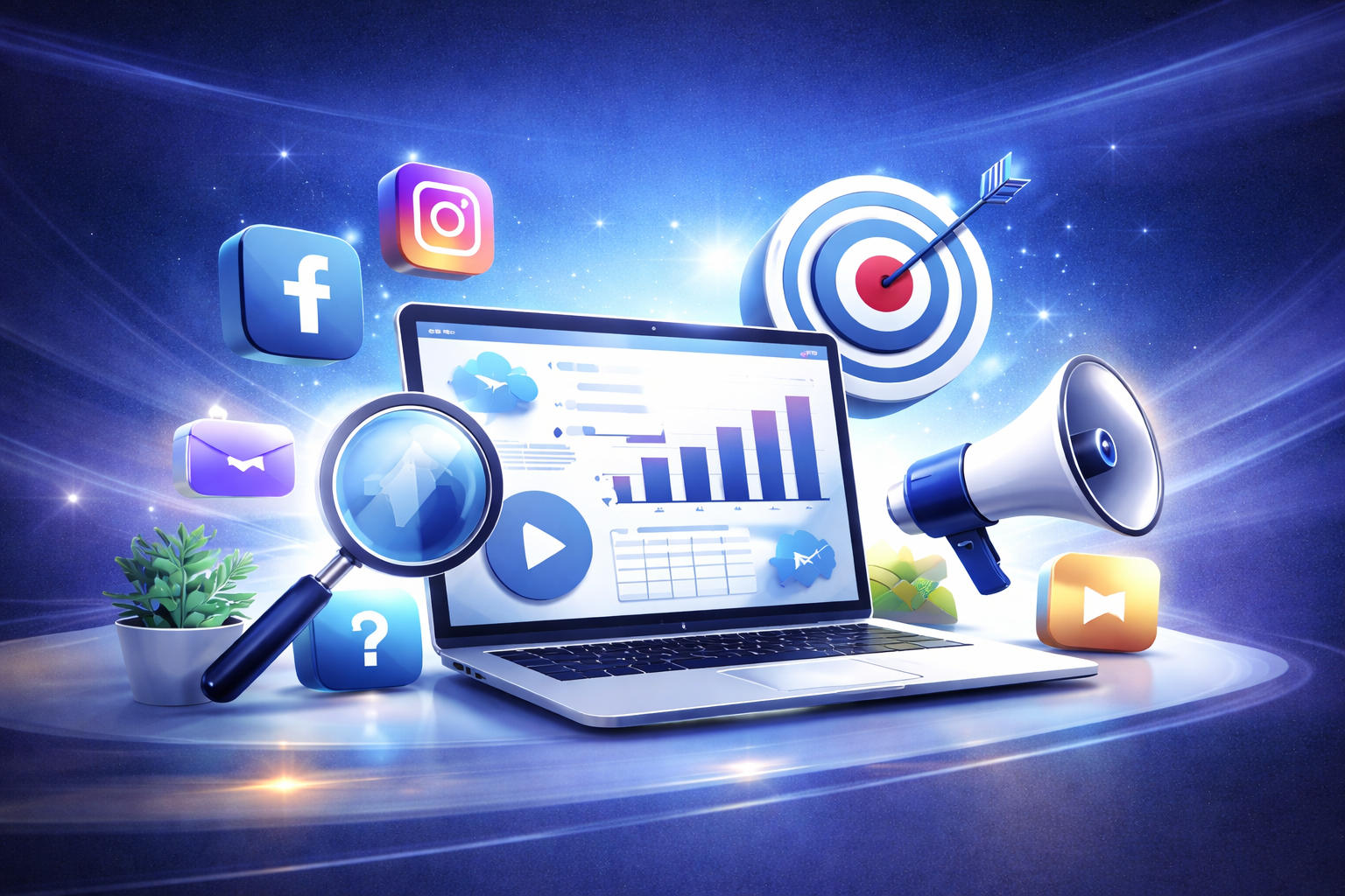 Digital marketing workspace with laptop, analytics dashboard, social media icons, and strategy tools representing a freelance digital marketer in Dubai