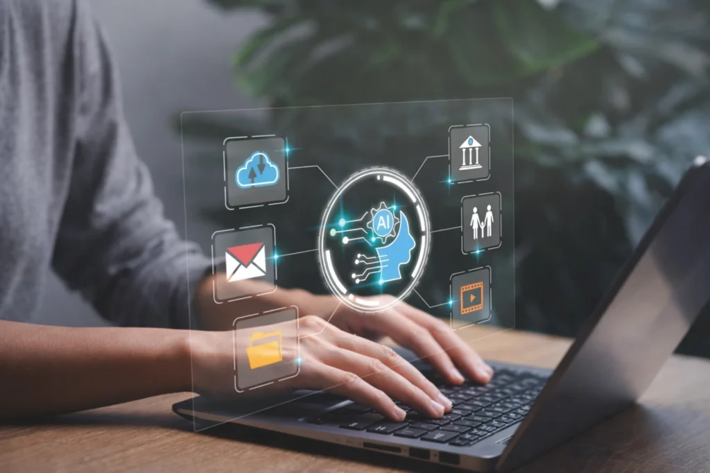 Freelancer digital marketer in Dubai using AI tools on a laptop for modern digital marketing strategies